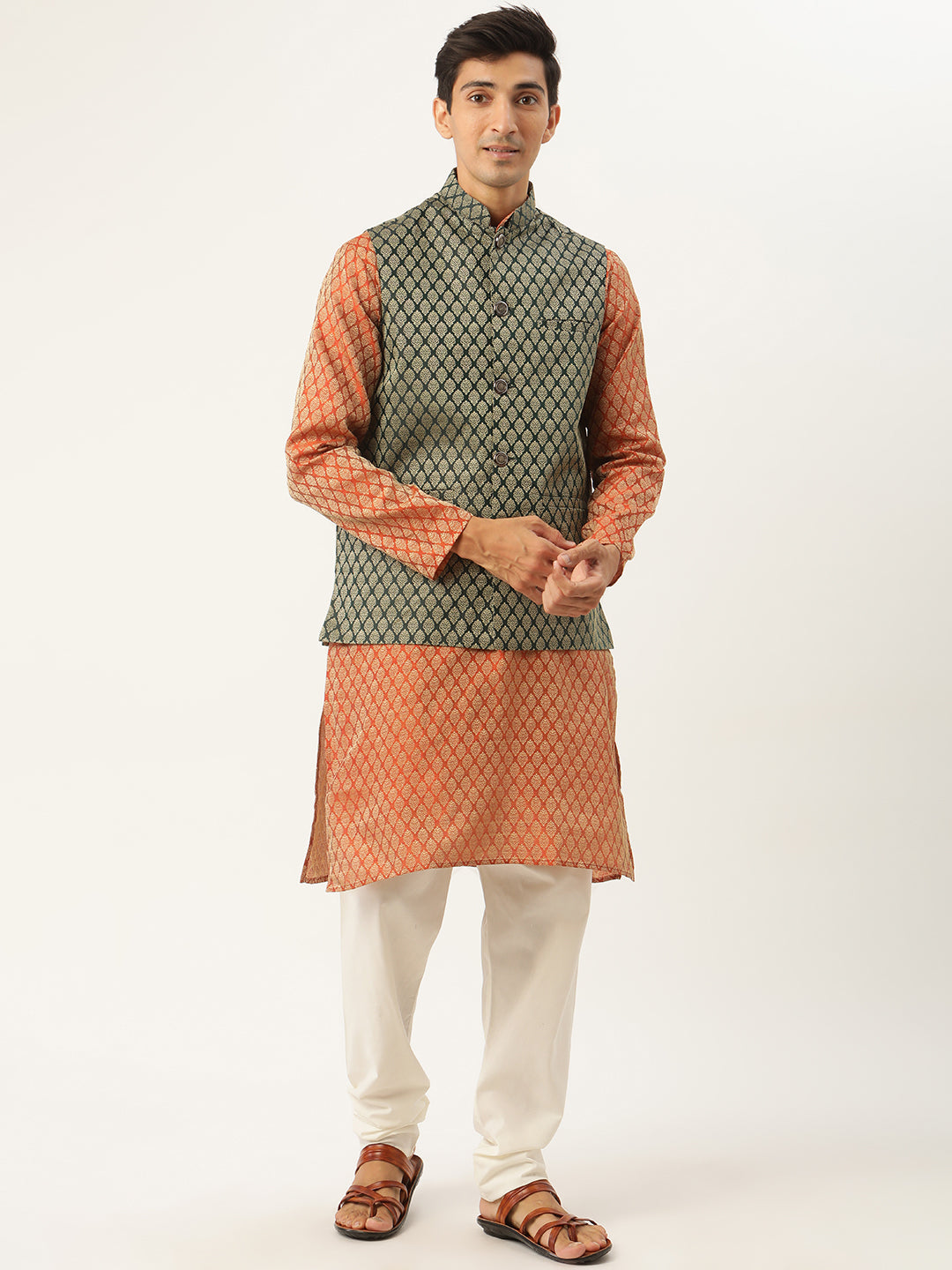 Sojanya Men's Silk Blend Orange Kurta & Darkgreen Nehrujacket With Offwhite Pyjama Combo - Sojanya