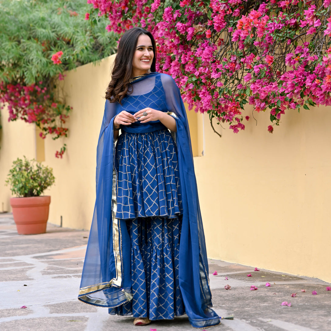 Women's Rama Cotton Printed Kurta And Sharara Set With Dupatta - Navyaa