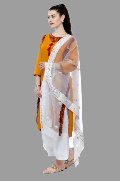 Women's India Kreations Orgenza Nug Embroidery White Duppata & Chunni Mfd0004 - Moeza