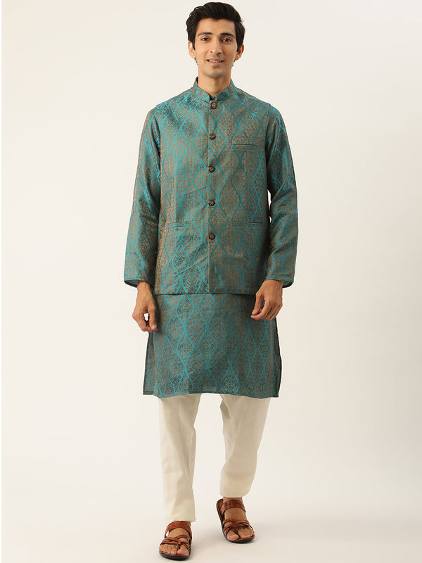 Sojanya Men's Jacquard Silk Tealblue Kurta & Nehrujacket With Off White Pyjama Combo - Sojanya