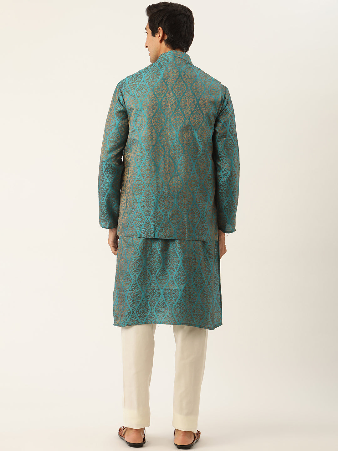 Sojanya Men's Jacquard Silk Tealblue Kurta & Nehrujacket With Off White Pyjama Combo - Sojanya