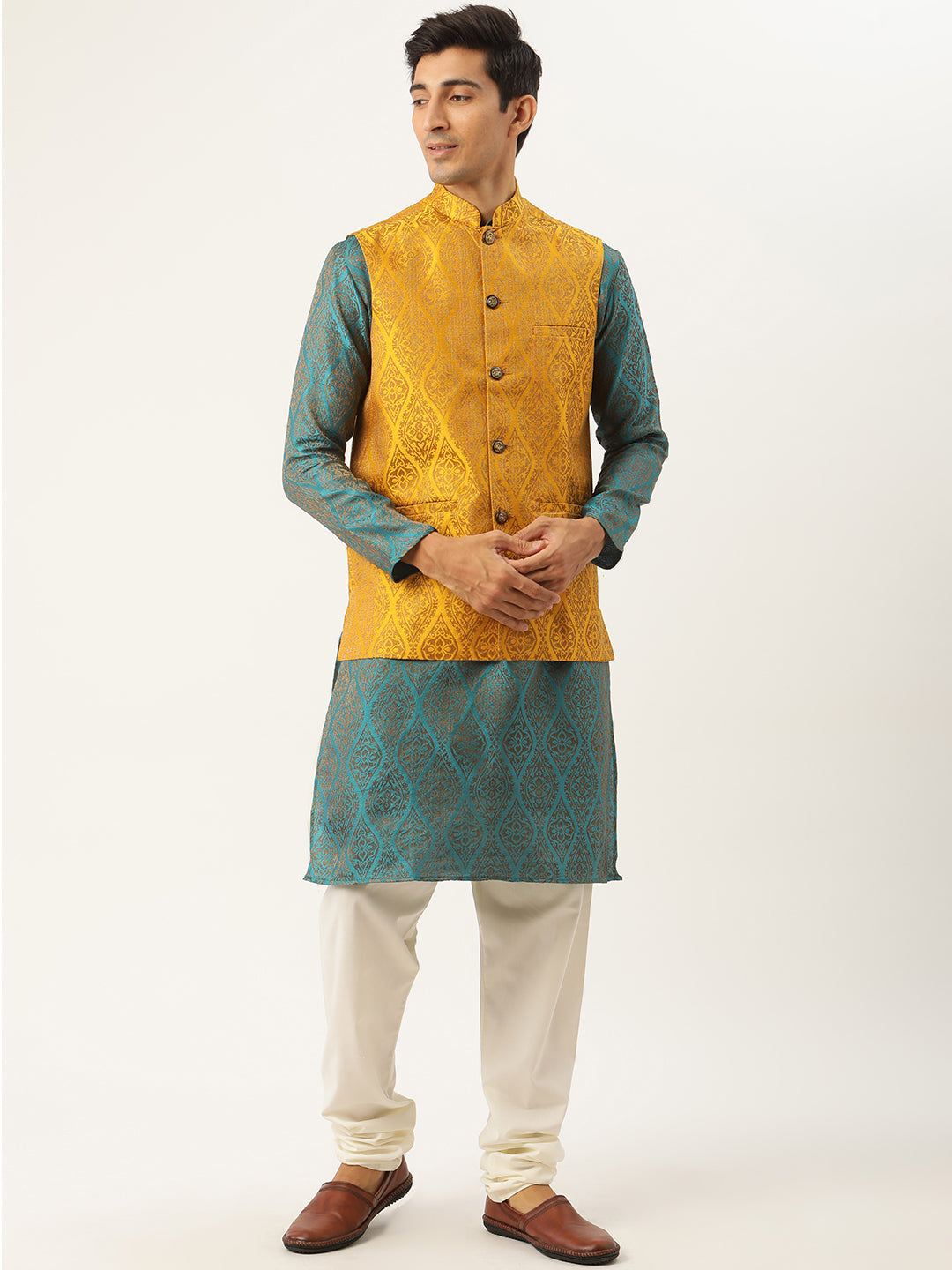 Sojanya Men's Jacquard Silk Tealblue Kurta & Mustard Nehrujacket With Offwhite Pyjama Combo - Sojanya