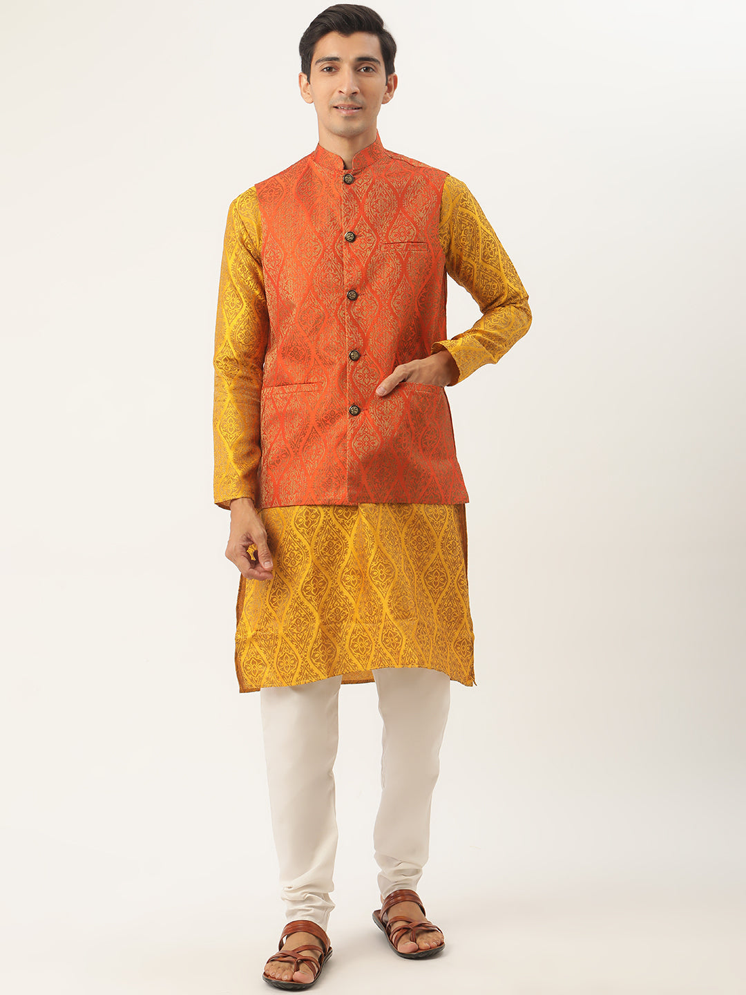 Sojanya Men's Jacquard Silk Mustard Kurta & Orange Nehrujacket With Offwhite Pyjama Combo - Sojanya