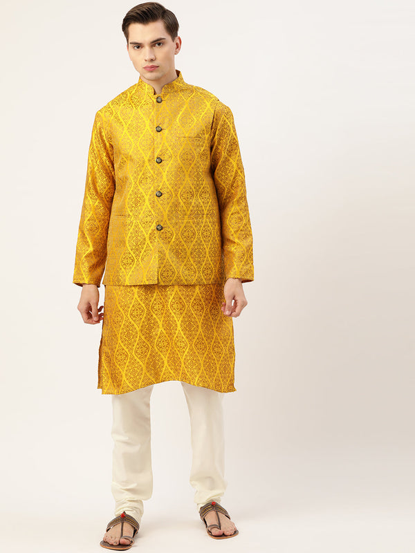 Sojanya Men's Jacquard Silk Mustard Kurta & Nehrujacket With Off White Pyjama Combo - Sojanya