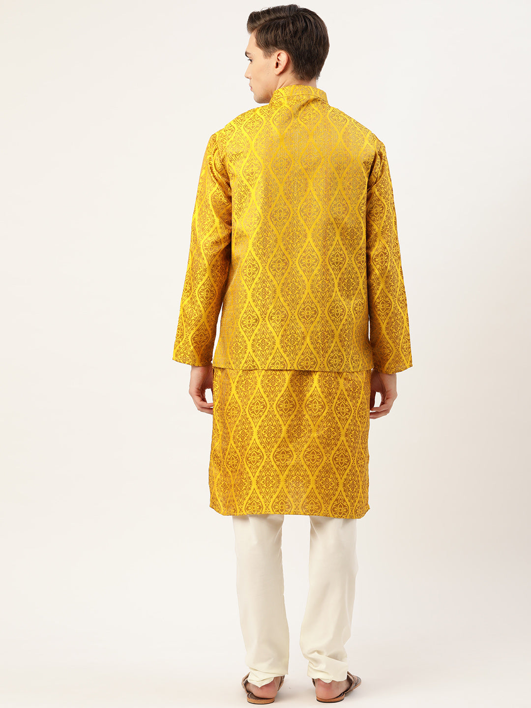 Sojanya Men's Jacquard Silk Mustard Kurta & Nehrujacket With Off White Pyjama Combo - Sojanya