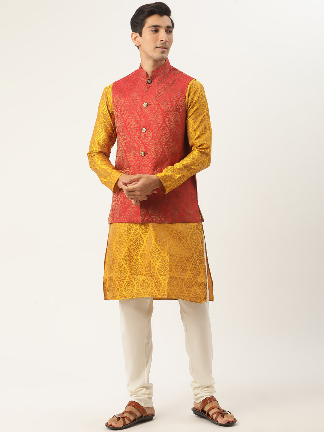 Sojanya Men's Jacquard Silk Mustard Kurta & Red Nehrujacket With Offwhite Pyjama Combo - Sojanya