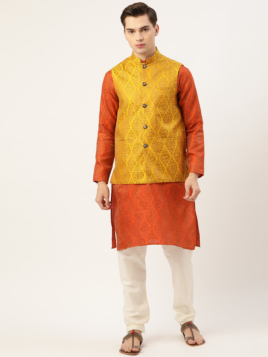 Sojanya Men's Jacquard Silk Orange Kurta & Mustard Nehrujacket With Offwhite Pyjama Combo - Sojanya