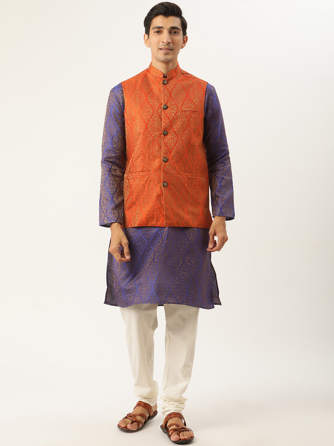 Sojanya Men's Jacquard Silk Blue Kurta & Orange Nehrujacket With Offwhite Pyjama Combo - Sojanya