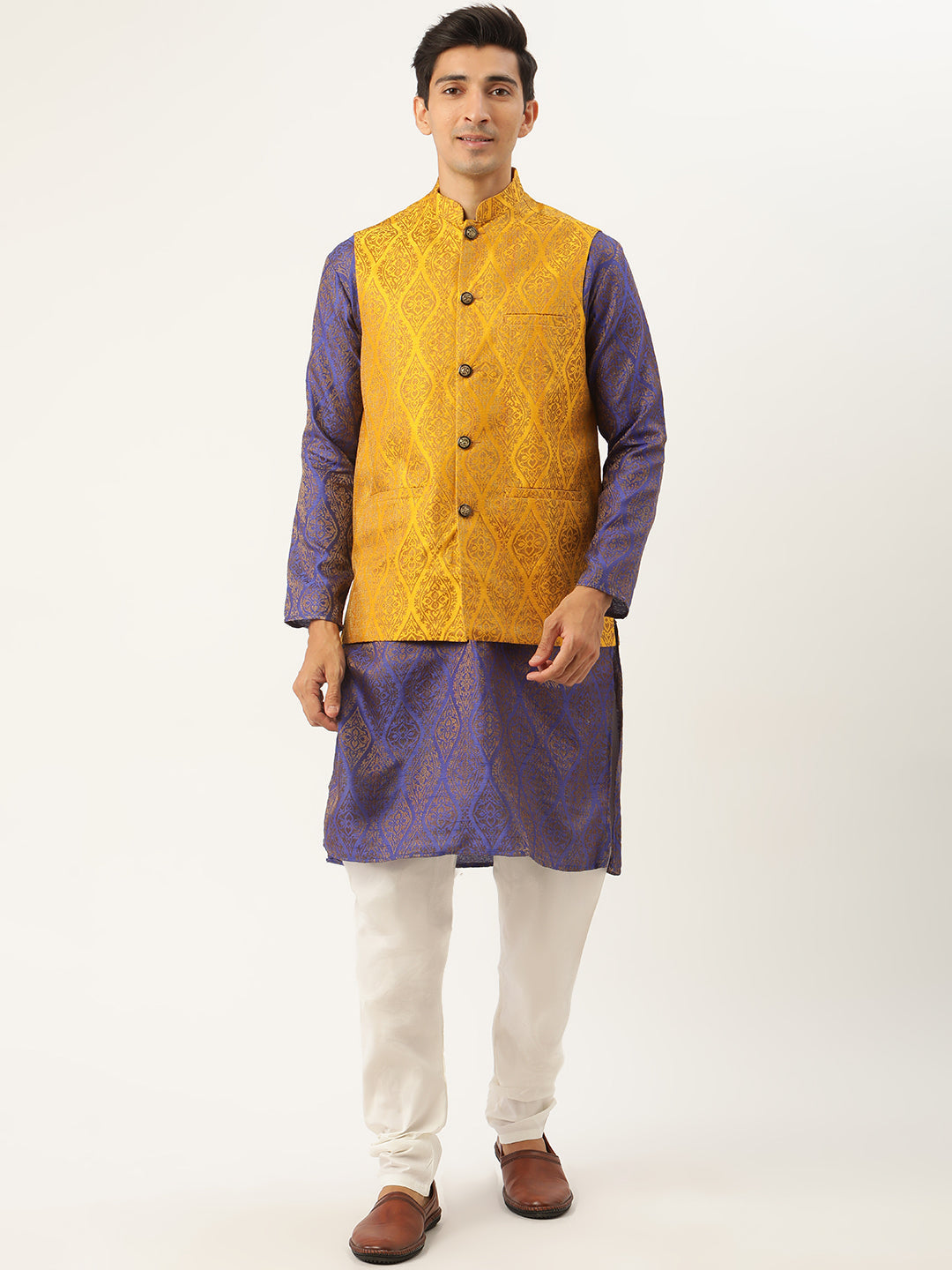 Sojanya Men's Jacquard Silk Blue Kurta & Mustard Nehrujacket With Offwhite Pyjama Combo - Sojanya