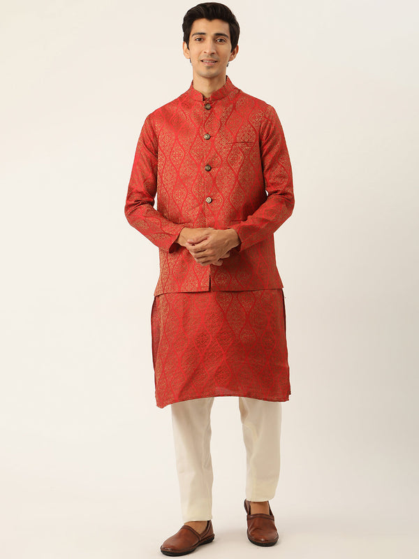 Sojanya Men's Jacquard Silk Red Kurta & Nehrujacket With Off White Pyjama Combo - Sojanya