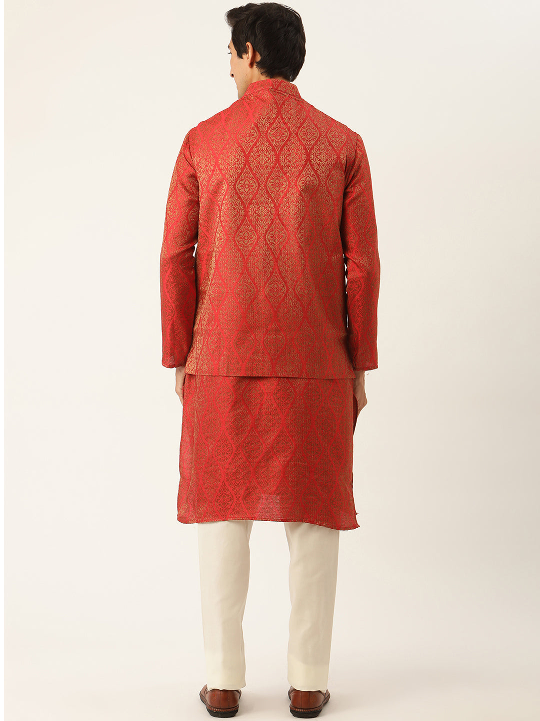 Sojanya Men's Jacquard Silk Red Kurta & Nehrujacket With Off White Pyjama Combo - Sojanya