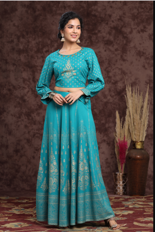 Women's Teal Rayon Printed Lehenga Choli Set - Juniper