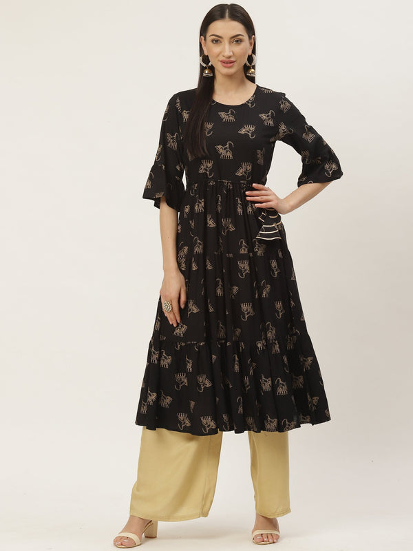 Women's Rayon Gold Printed Anarkali Kurta - Maaesa