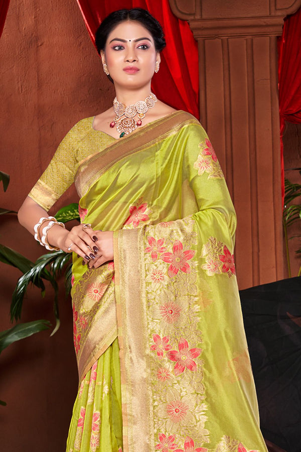 Women's Parrot Green Silk Woven Zari Work Traditional Tassle Saree - Sangam Prints