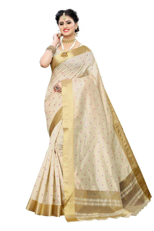 Women's Vamika Weaving Cream Cotton Polyester Silk Saree Kerala Tikki - Vamika