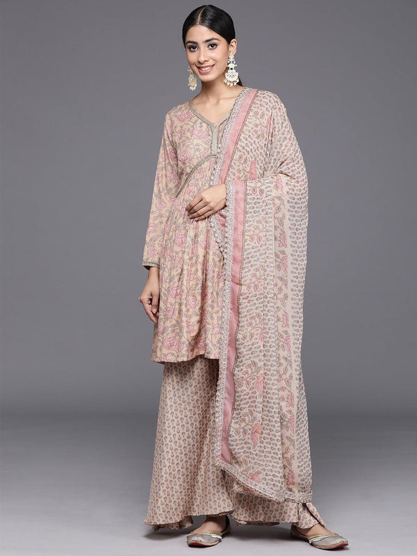 Nude Printed Silk Blend A-Line Kurta With Sharara & Dupatta - Jashvi