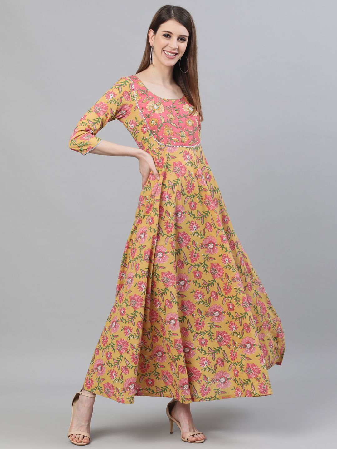 Women's Yellow & Pink Floral Printed Maxi - AKS