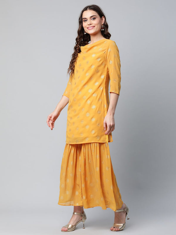 Women's Mustard Yellow Georgette Printed Sharara Set With Dupatta