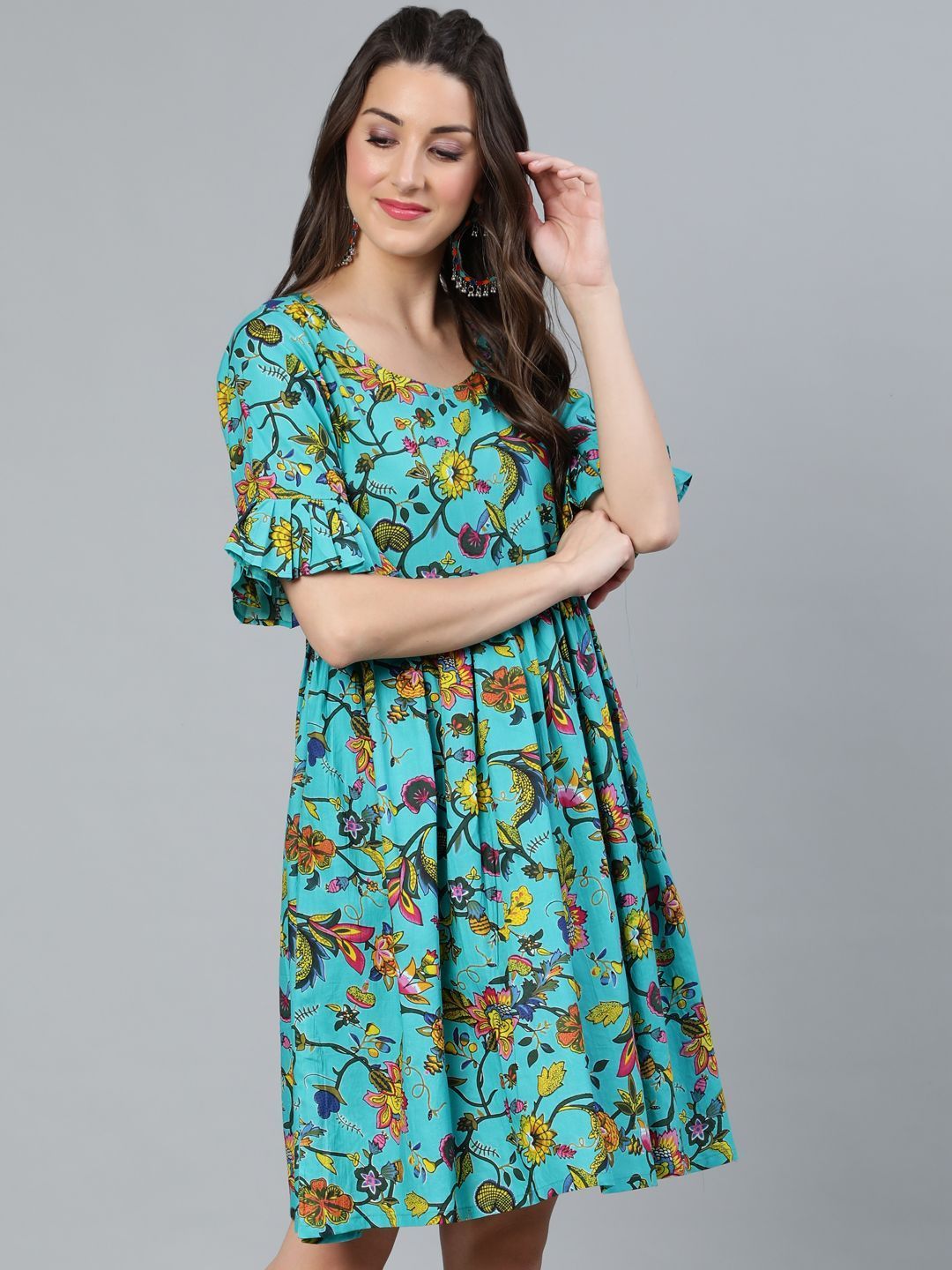 Women's Green Floral Printed gathered Dress - AKS