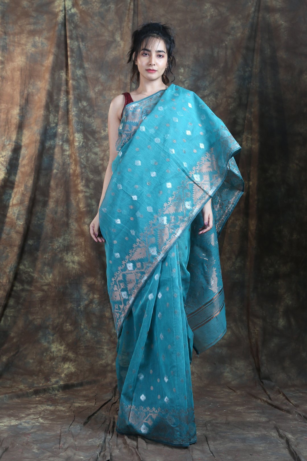 Women's Denim Allover Weaving Jamdani Saree - Arhi