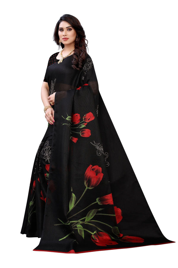 Women's Printed Jute Silk Elisa  Black Saree - Vamika