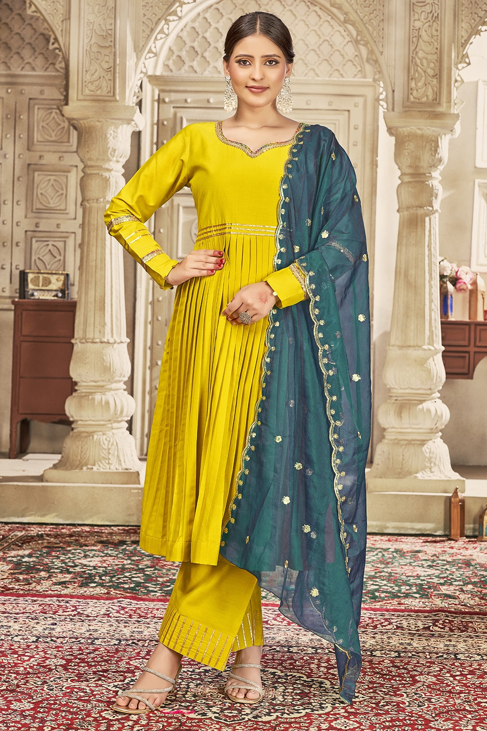 Women's Yellow Art Silk Anarkali Embroidered Kurta Set With Trouser And Dupatta - Curvy Lane