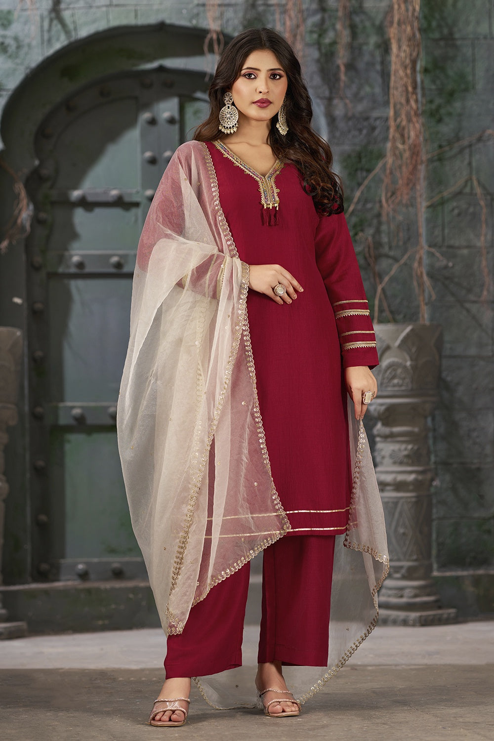 Women's Maroon Art Silk Straight Fit V-Neck Kurta Set With Trouser And Dupatta - Curvy Lane