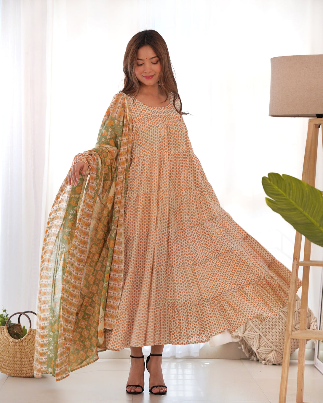 Women's Cream Cotton Printed Anarkali Kurta With Dupatta - Rangpur