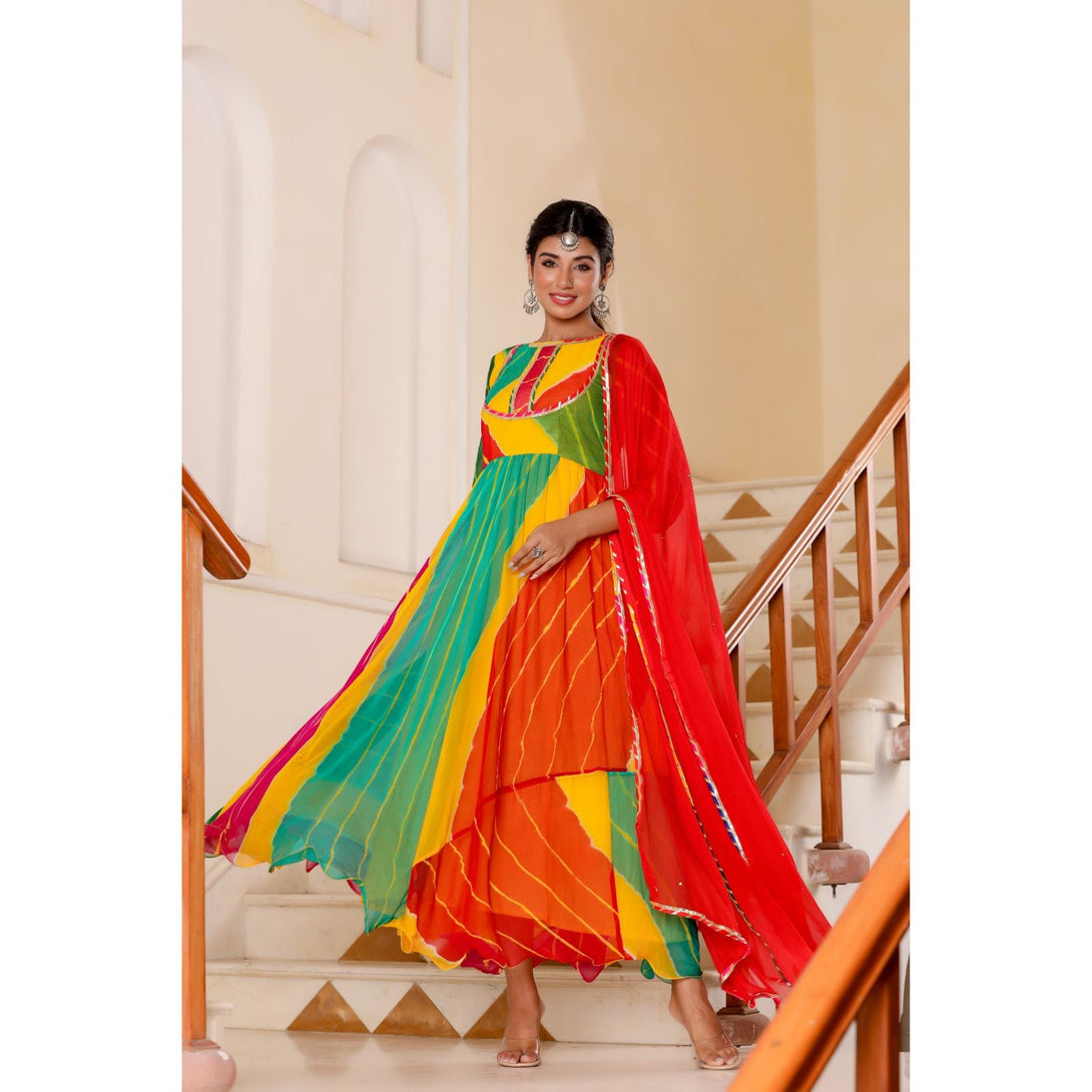 Women's Multicolor Leheriya Anarkali Kurta With Dupatta - Rangpur