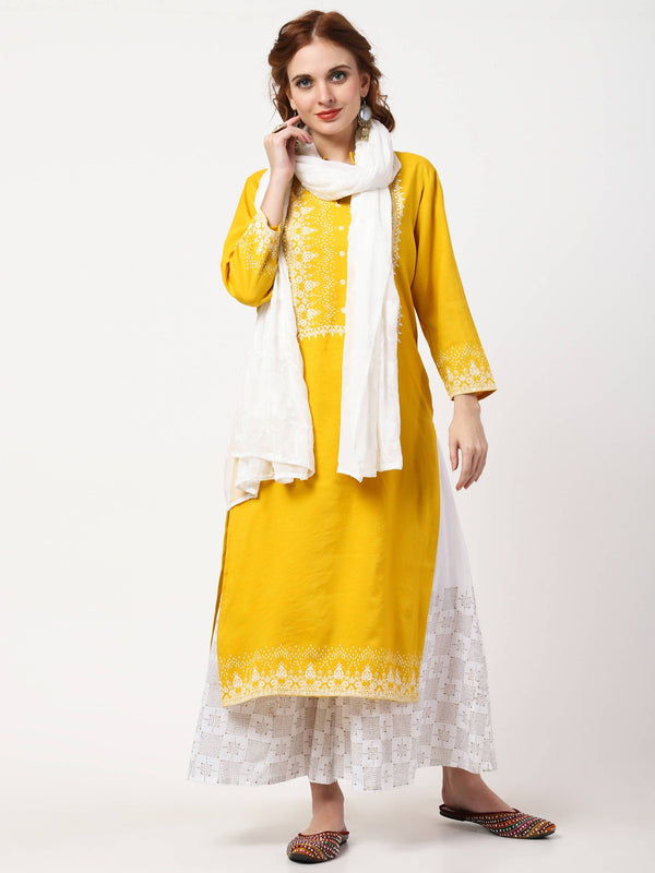 Women's Yellow & White Rayon Cotton Kurta With Palazzo & Embroidered Dupatta Set - Cheera