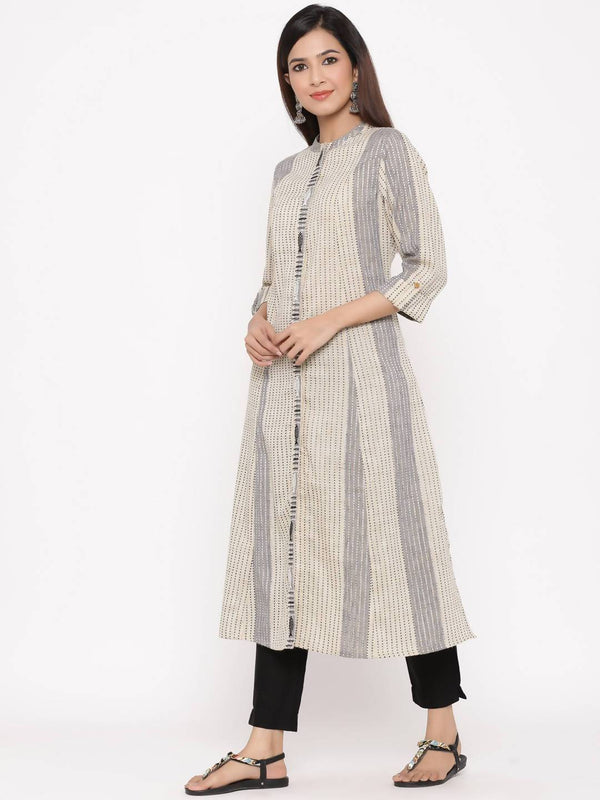 Buy_Women's_Beige_Cotton_Dobby_Self_Design_A-Line_Kurta_Online_Indiakreations