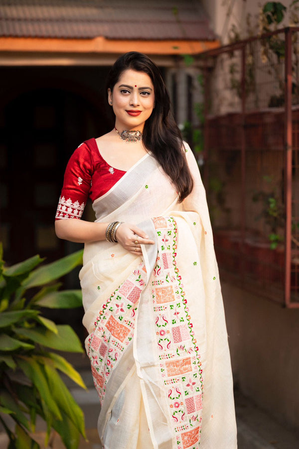 Women's Off White Linen Embroidered Saree - A2M