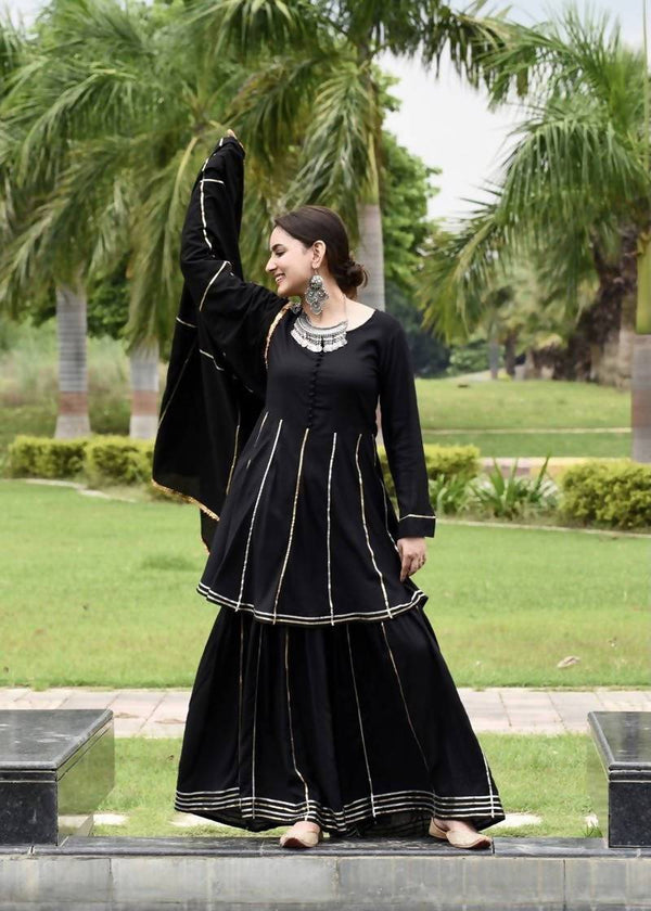 Women's Black 100% Cotton Kurta Sharara Dupatta Set - Cheera