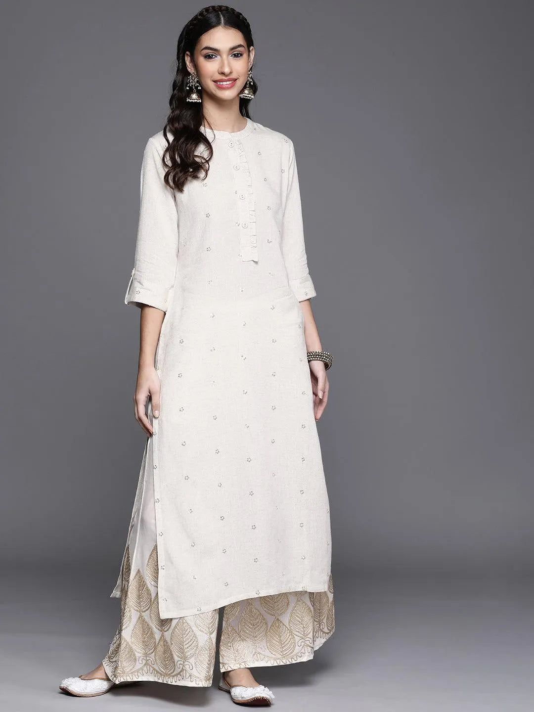 Off White Embellished Cotton Kurta - Jashvi