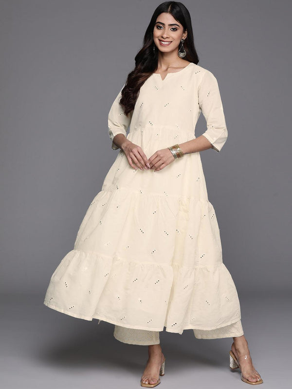 Off White Embroidered Cotton A-Line Kurta - Jashvi