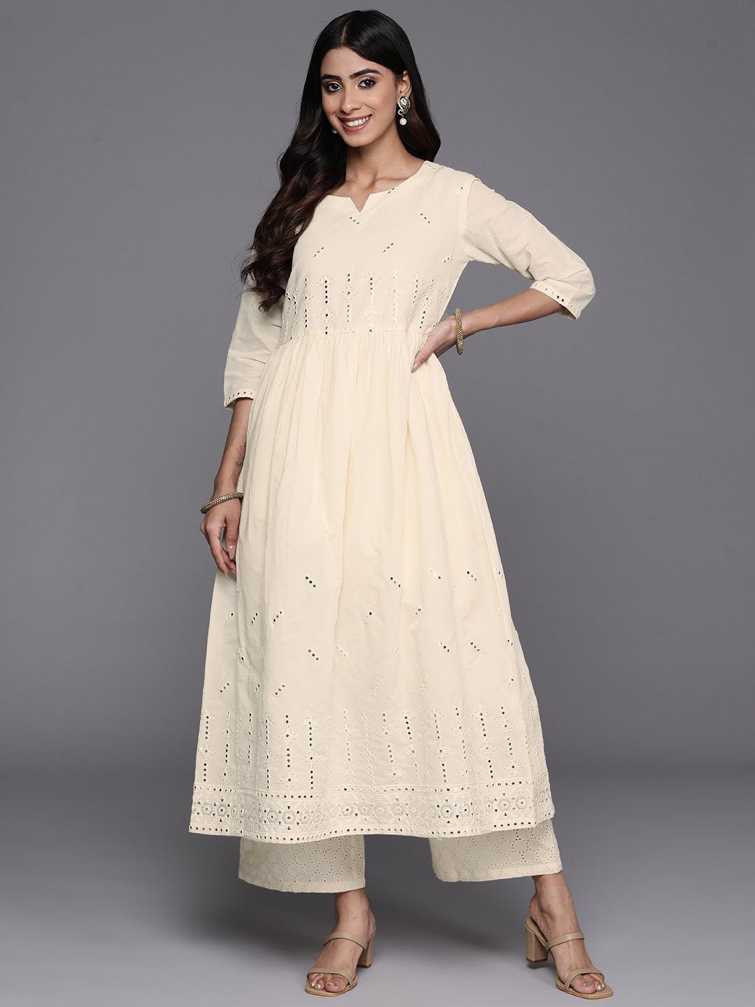 Off White Embroidered Cotton A-Line Kurta - Jashvi