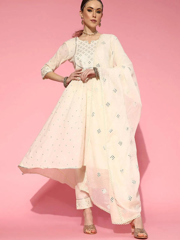 Off White Embroidered Cotton Suit Set - Jashvi