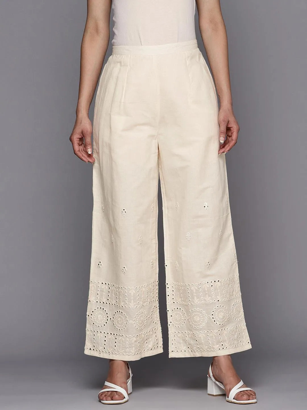 Off White Embroidered Cotton Palazzos - Jashvi