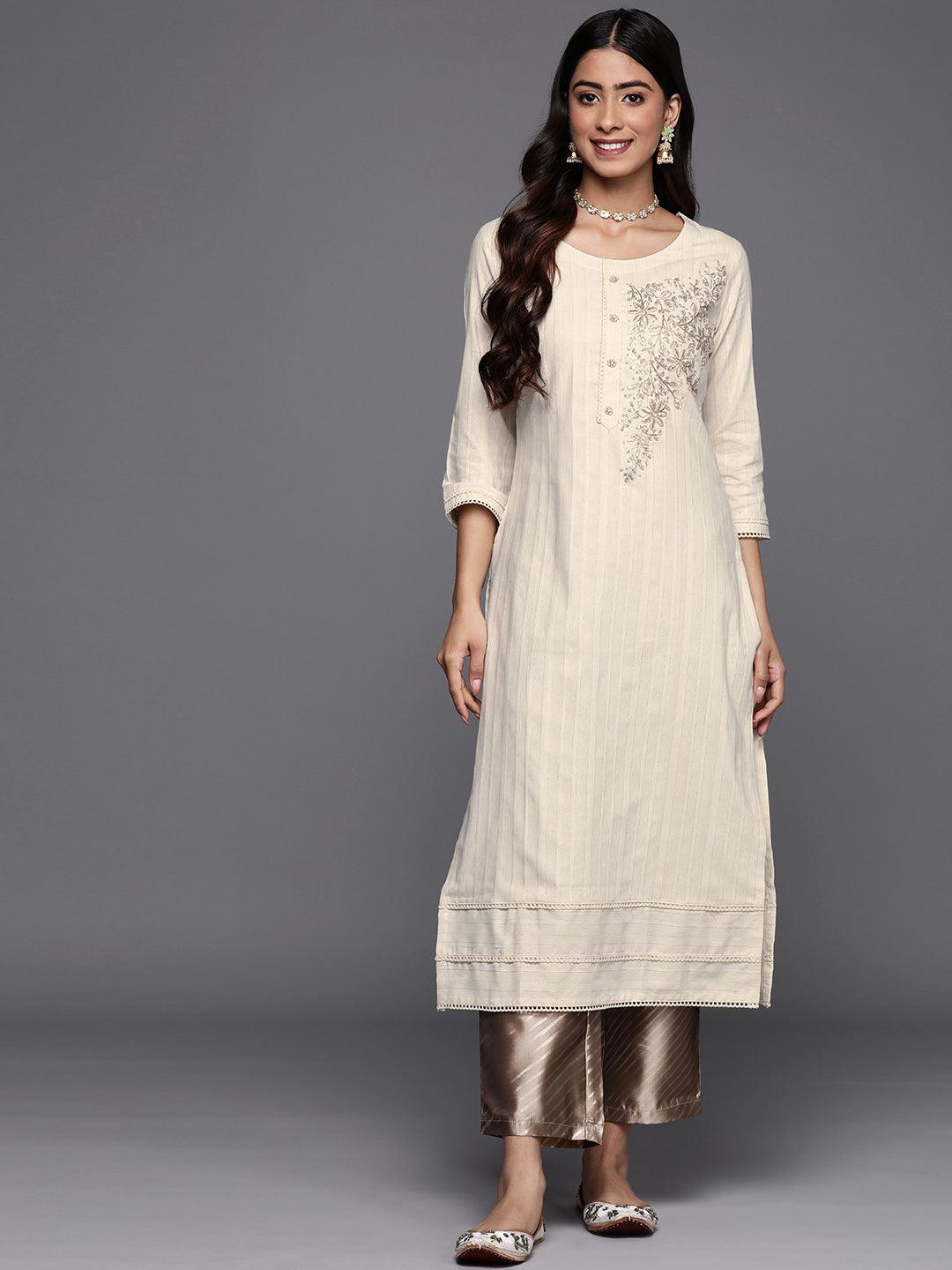 Off White Embellished Cotton Straight Kurta - Jashvi