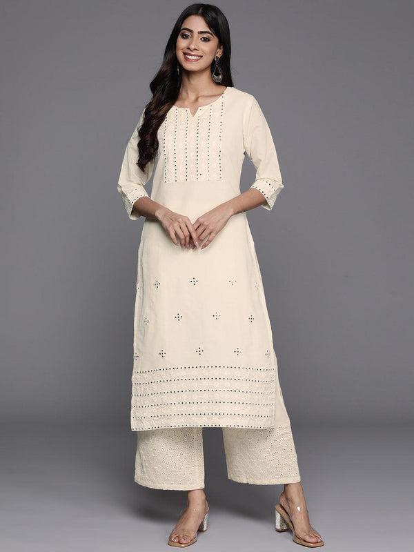 Off White Embroidered Cotton Straight Kurta - Jashvi