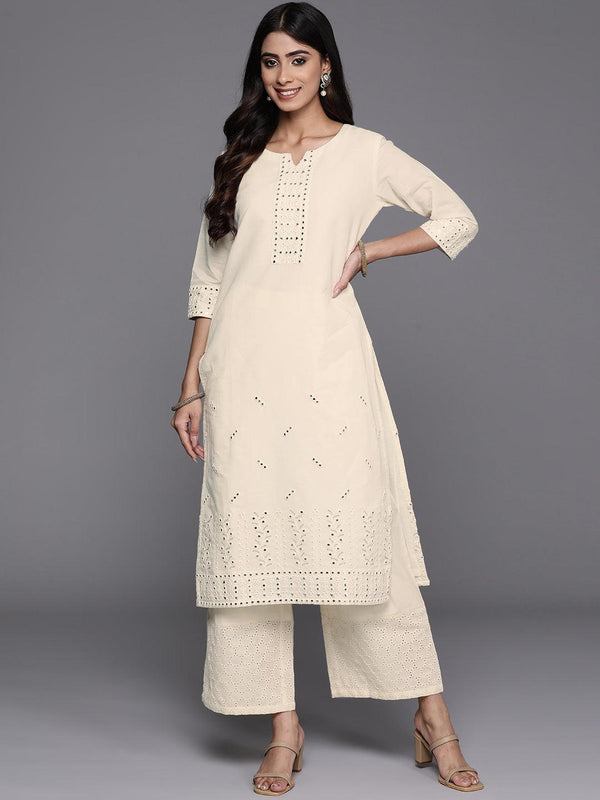 Off White Embroidered Cotton Straight Kurta - Jashvi