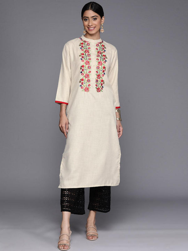 Off White Embroidered Cotton Straight Kurta - Jashvi