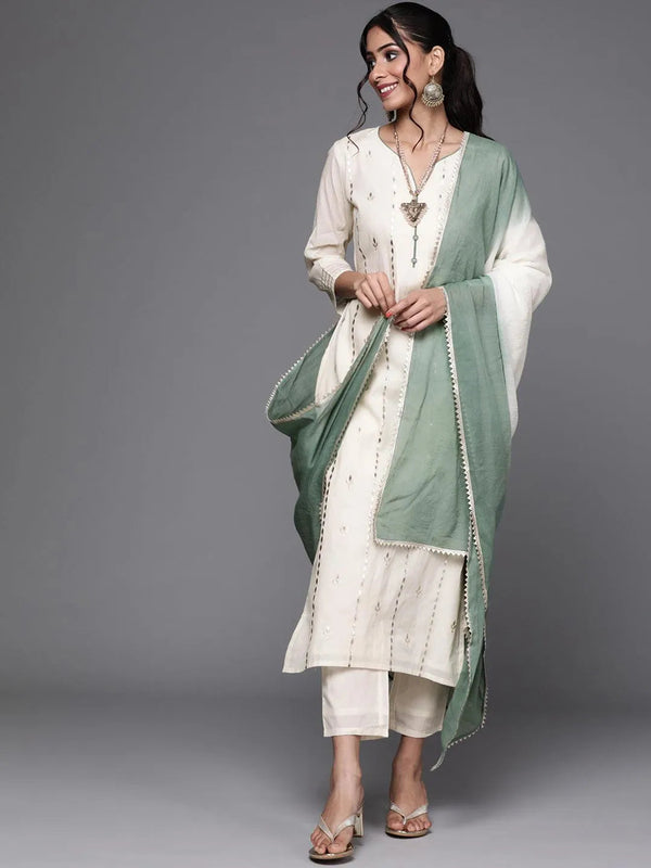 Off White Embroidered Cotton Suit Set - Jashvi