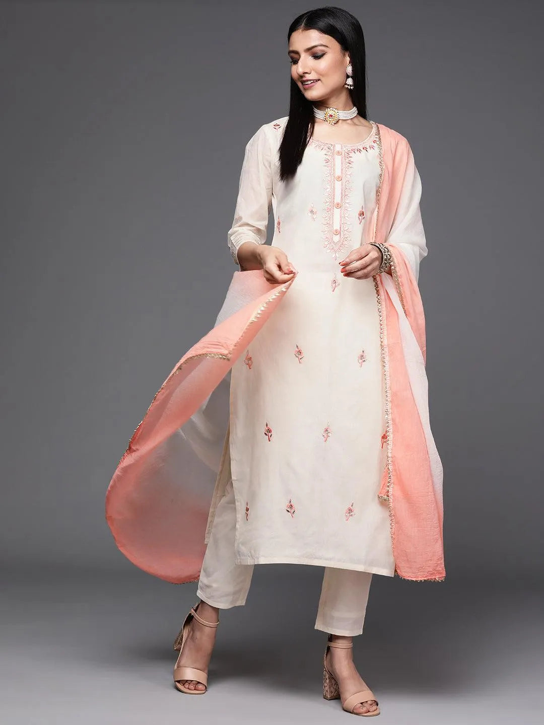 Off White Embroidered Cotton Suit Set - Jashvi