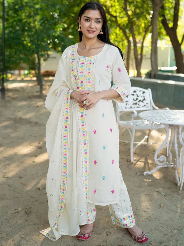 Off White Embroidered Cotton Straight Suit Set With Trousers - Jashvi