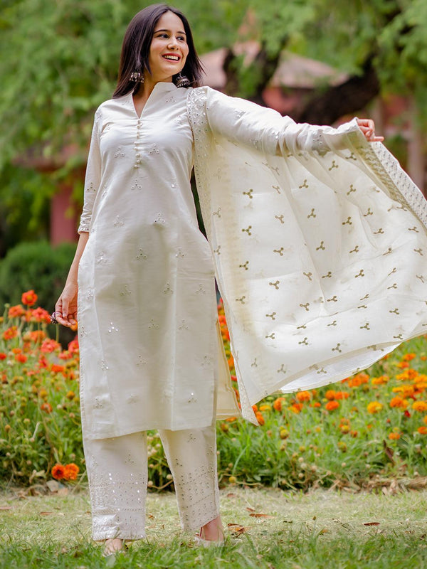 Off-White Embroidered Cotton Straight Kurta With Dupatta - Jashvi