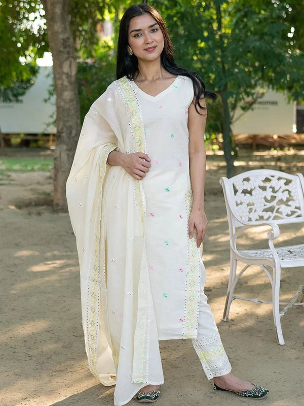 Off-White Embroidered Cotton Straight Kurta With Dupatta - Jashvi