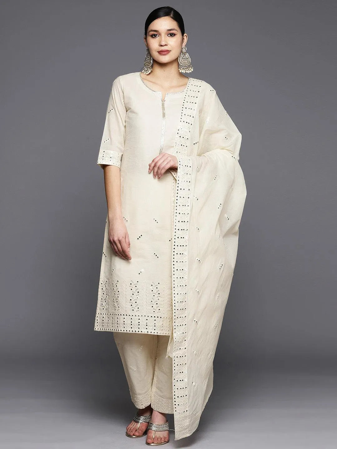 Off White Embroidered Cotton Straight Suit Set With Trousers - Jashvi