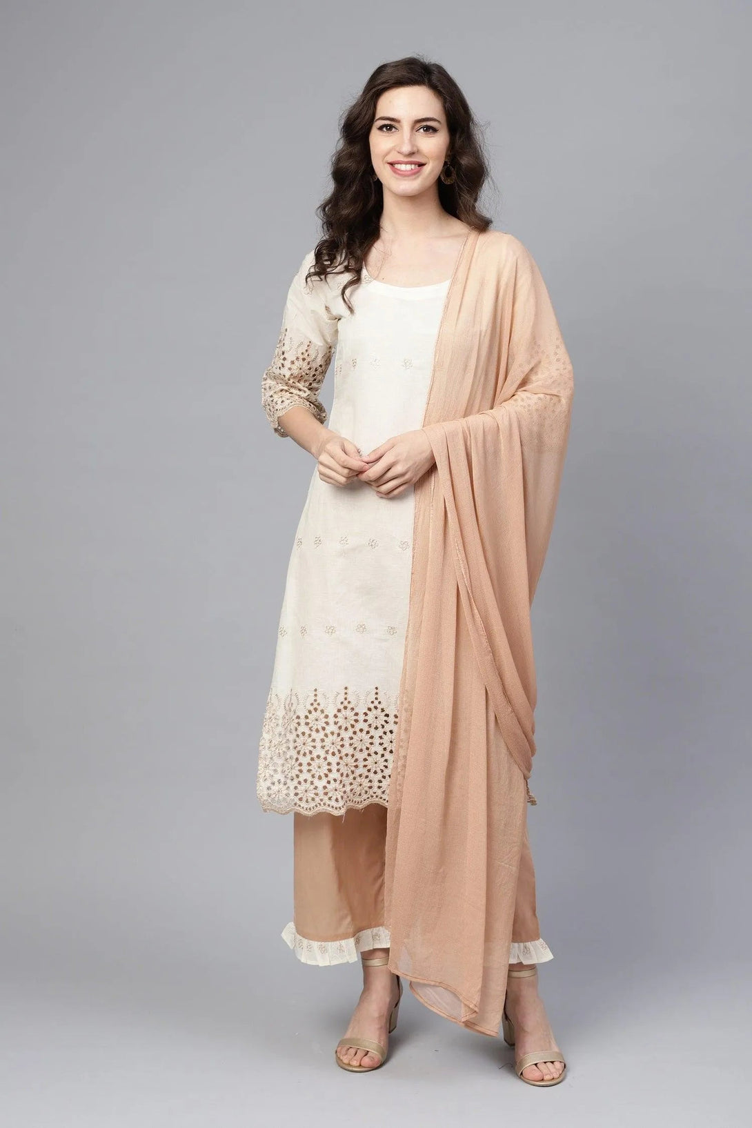 Off White Embroidered Cotton Suit Set - Jashvi