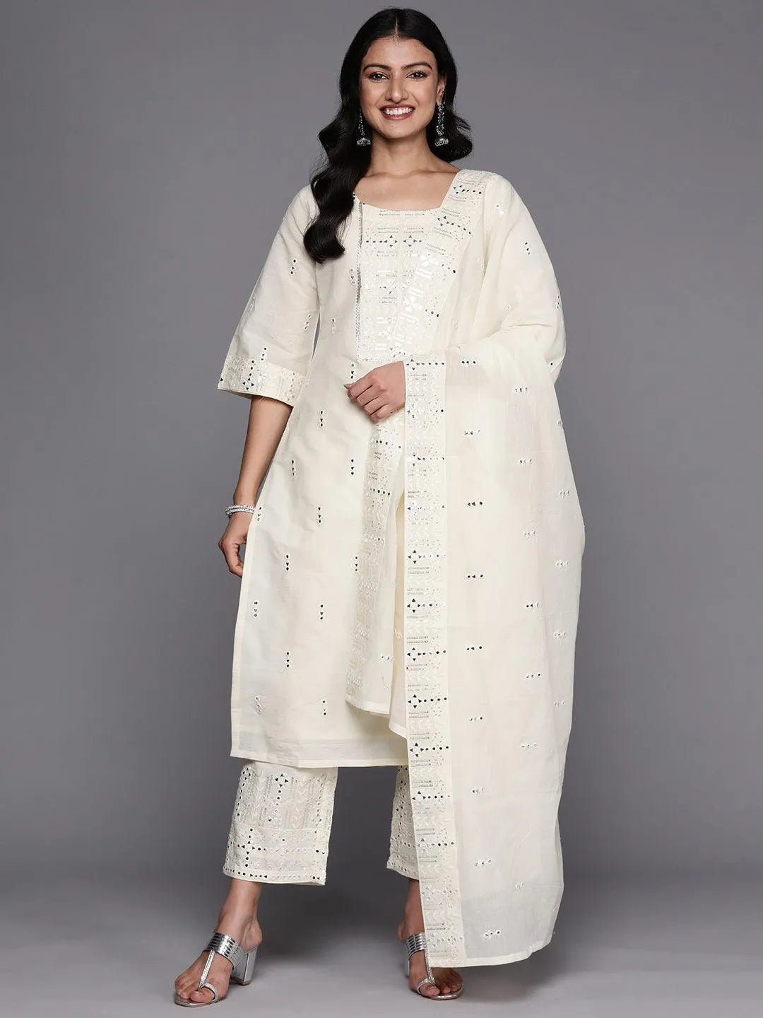 Off White Embroidered Cotton Straight Suit Set With Palazzos - Jashvi